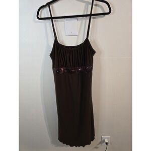 Vintage 90s/Y2K Brown Empire Waist Slip Midi‎ Dress L Sequin Whimsigoth Fairy